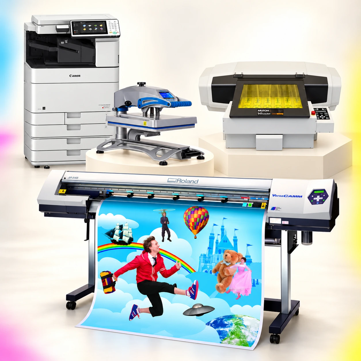 Roland SP-540i, Mutoh ValueJet 426UF, STAHLS’ Fusion termopreša i Canon imageRUNNER ADVANCE